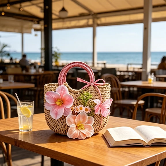 Hand Woven Paper Rope Tote Bag with Floral Decor, Bridal Wedding Beach Handbag for Women, Round Handle Storage Basket for Vacation Shopping, Romantic Tote for Photoshoot and Travel