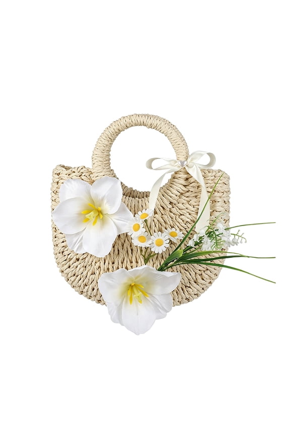 Hand Woven Paper Rope Tote Bag With Artificial Floral Decor And Circle Handle For Wedding Beach Shopping Basket Beige 1 Pack