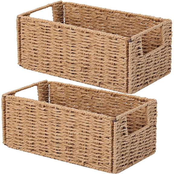 Hand-Woven Paper Rope Wicker Storage Basket Set of 2 Natural Foldable Cube Bin 11.2"D x 6.1"W x 4.8"H