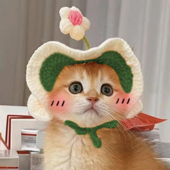 Hand-Woven Pet Knit Hat for Cats and Dogs, Cute Floral Knitted Headband with Elastic Strap, Soft Party Photography Props and Birthday, Lightweight Sun & Wind Protection