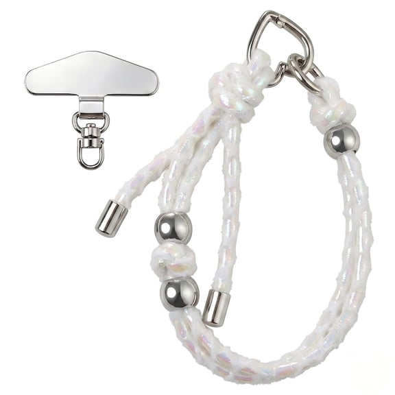 Holographic Phone Charm Wristlet Strap with Tether Tab, Iridescent Braided Anti-Drop Lanyard with Silver Beads for Women, White