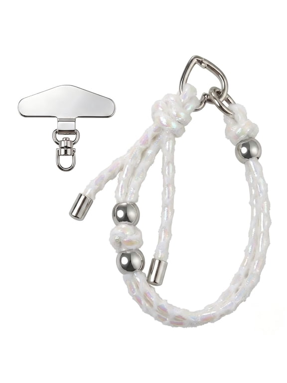 Holographic Phone Charm Wristlet Strap with Tether Tab, Iridescent Braided Anti-Drop Lanyard with Silver Beads for Women, White