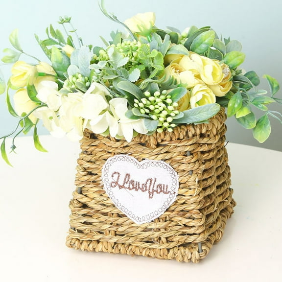Hand Woven Planter Basket with Floral Accents and Love Message, Rustic Wood Decor for Succulents and Small Plants, Charming Home Accent for Balcony and Living Room(Khaki,A)