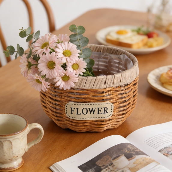 Hand Woven Plastic Rattan Style Flower Basket Planter Pot for Home Garden Decor (1-Piece)