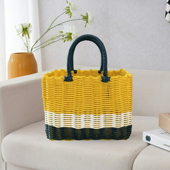 Hand Woven Plastic Storage Basket with Handle, Small Woven Bin for Bathroom Organization, Shopping Tote, Picnic & Beach Carryall, Home Desktop Storage Box