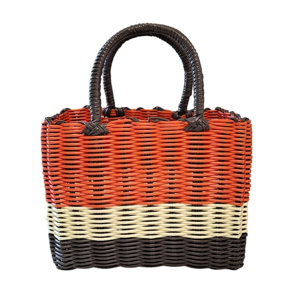 Hand Woven Plastic Storage Basket Portable Organizer Bin with Handle for Bathroom Kitchen and Beach Brown