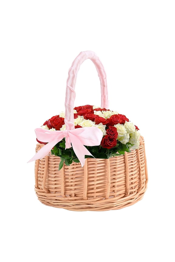 Hand- Woven Rattan Basket Gift Basket Flower Basket Woven Storage Basket with Handle for Picnic Home Wedding Party Decoration Photo Props