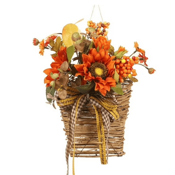 Hand-Woven Rattan Basket With Simulated Sunflower & Floral Arrangement, Decorative Hanging/Tabletop Decoration For Home Entryway, Living Room, Kitchen, Or Seasonal Fall Decor,
