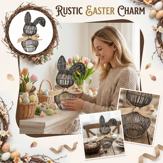 Hand-Woven Rattan Bunny Easter Ornament with Bow, 6"x12" Natural Fiber Wall or Table Decor, Farmhouse Easter Ornament, Spring Home Accent