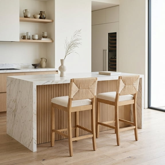 Hand-Woven Rattan Counter Height Bar Stools - Set of 2, Beige Linen