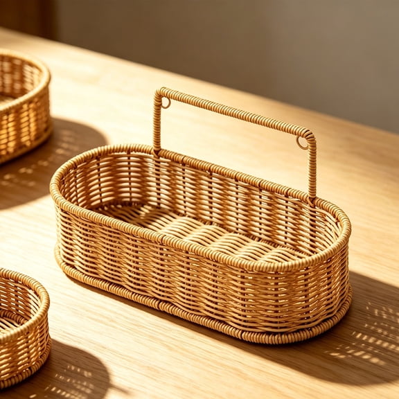 Hand-Woven Rattan Egg Storage Basket With Handle, Wicker Kitchen Organizer Basket, Long Bread Basket For Countertop, Bohemian Style Pantry Storage Basket