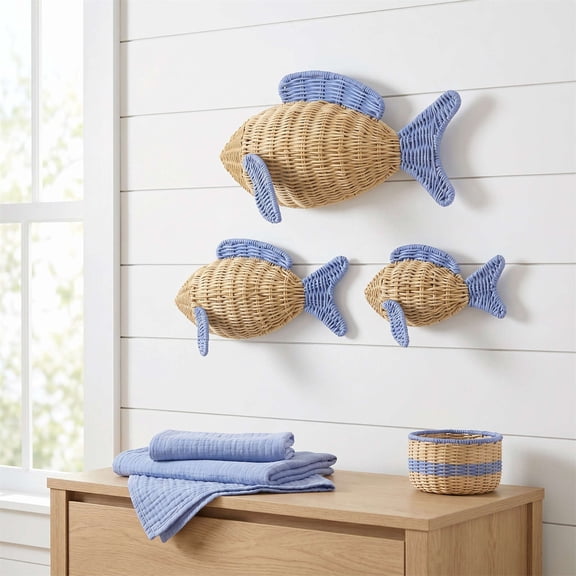 Hand Woven Rattan Fish Wall Decor, Natural Wicker Blue Fin Fish Animal Wall Hanging, Nautical Coastal Boho Sculpture Ornament for Bedroom Bathroom Beach Wall Art