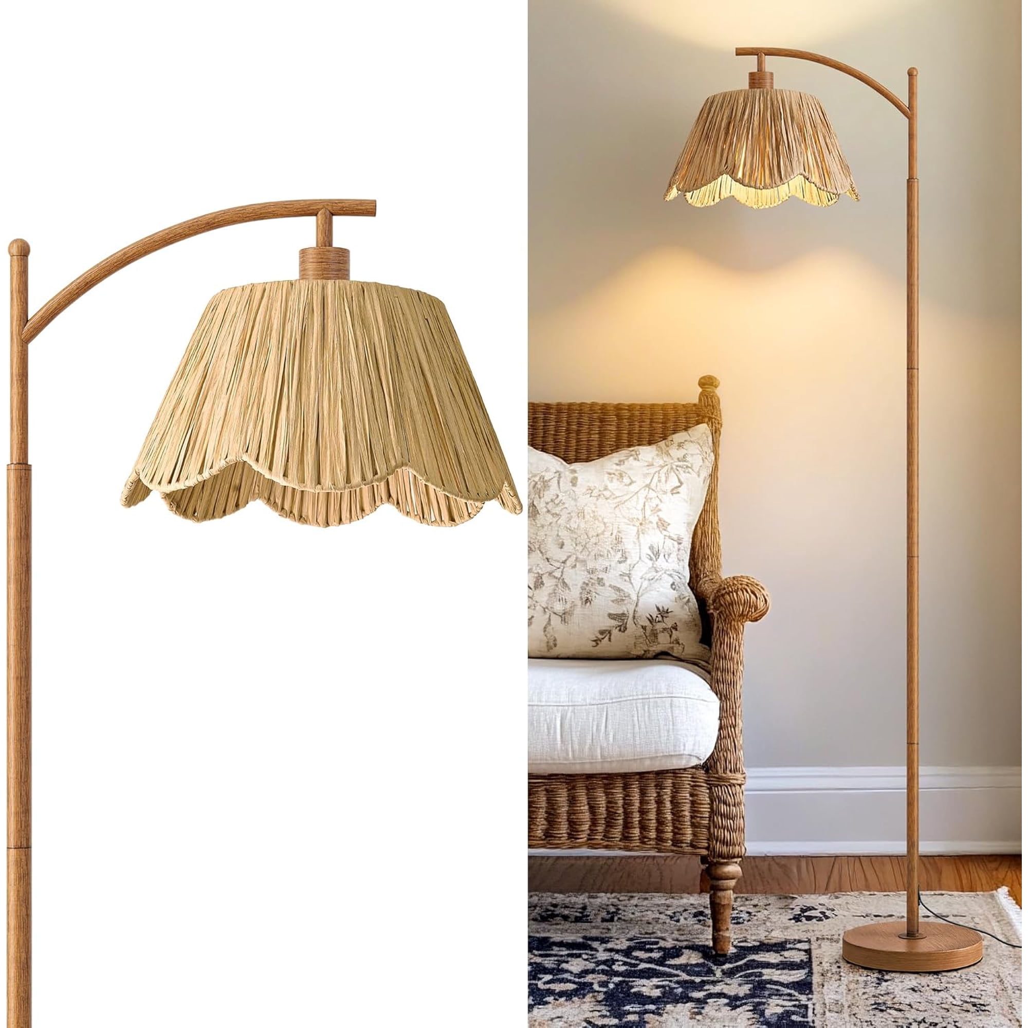 Hand-Woven Rattan Floor Lamp with Gold Metal Base, Foot Switch, Boho Farmhouse Standing Lamp for Living Room or Bedroom Corner Reading