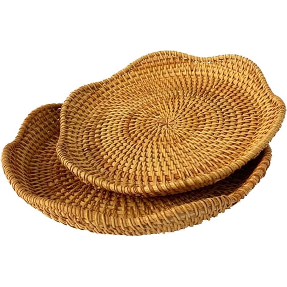 Hand-Woven Rattan Fruit Tray Storage Bread Basket Serving Tray Home Decoration Serving Platter Tray for Home Fruit Party Eating Food Coffee Table 2 Pieces (Lotus Shape no Base)