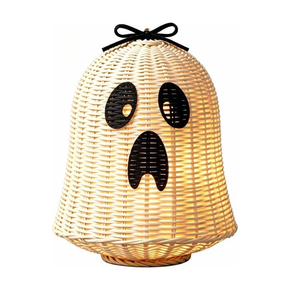 Hand Woven Rattan Ghost LED Table Lamp with Black Bow Battery Operated Warm Glow Night Light Boho Halloween Decor for Bedroom Mantel Party