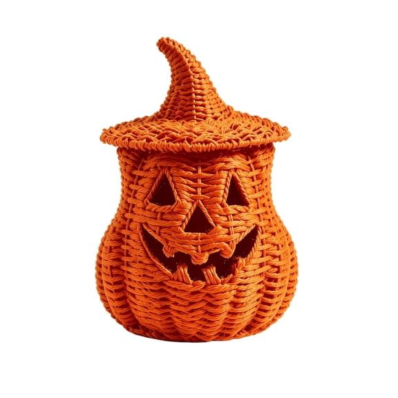 Hand Woven Rattan Jack-o'-Lantern with Lid, Hollow Halloween Pumpkin Candle Holder, Lightable Tabletop Ornament for Indoor Home Party Holiday Decor 24cm