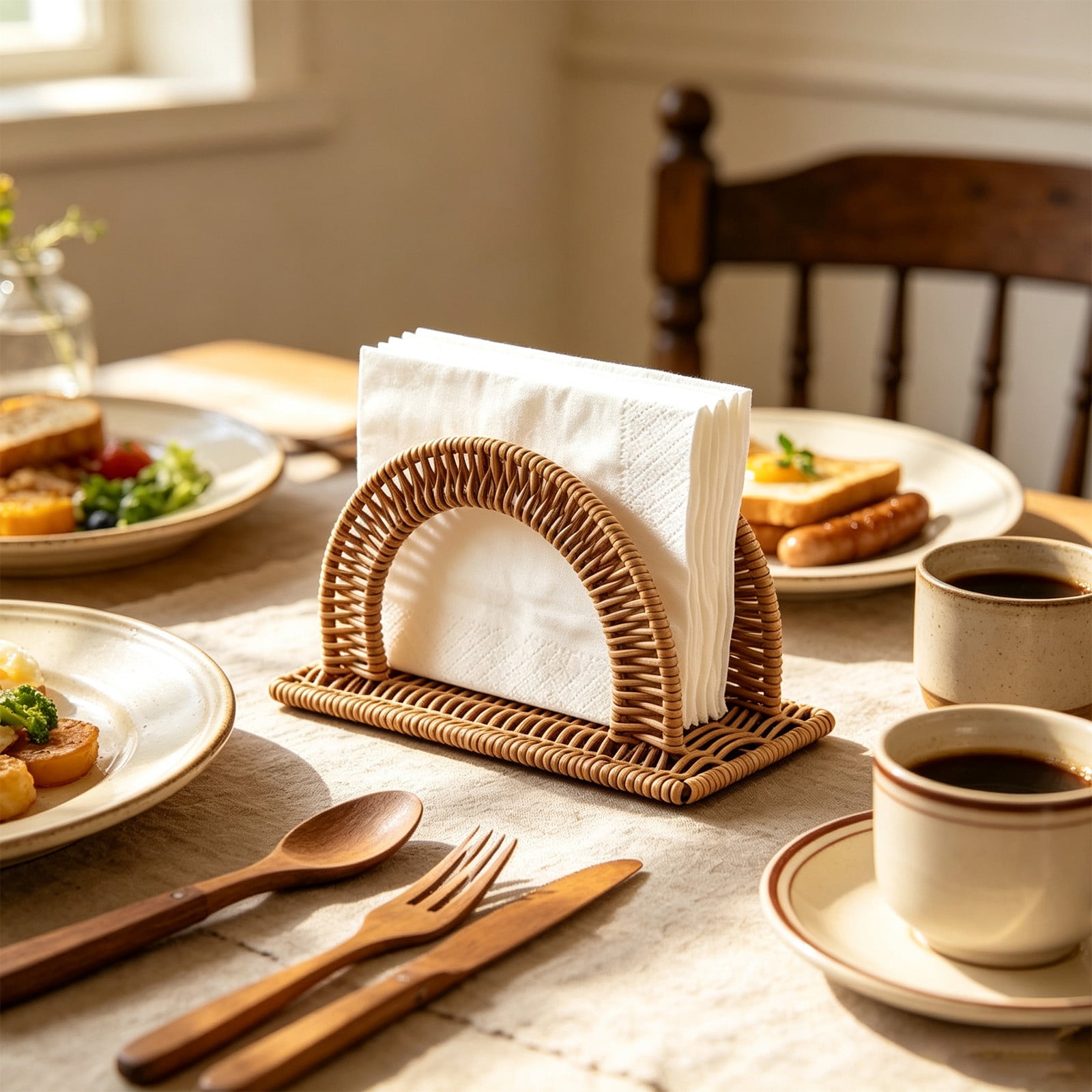 Hand Woven Rattan Napkin Holder, Waterproof Cleanable Table Stand, Sturdy Boho Dining Organizer for Kitchen Restaurant Daily Gathering Independence Day Party Tabletop Layout