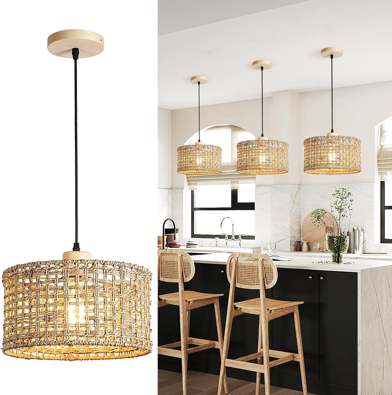 Hand-Woven Rattan Pendant Light, 11.8" Bohemian 1-Light Natural Wicker ...