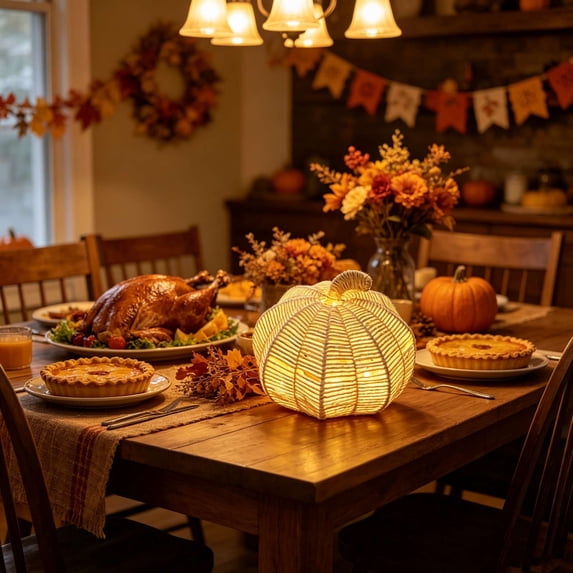 Hand Woven Rattan Pumpkin LED Lantern, Natural Wicker Pumpkin Light Ornament, Rustic Farmhouse Fall Decor for Halloween Thanksgiving Tabletop Porch Yard Home Holiday Decoration, White