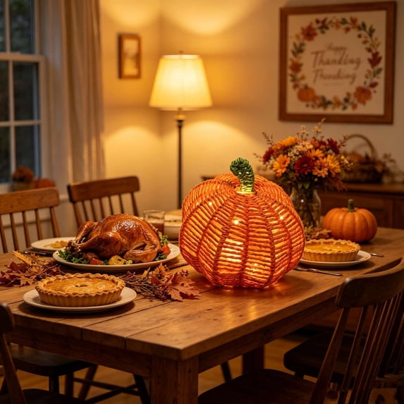 Hand Woven Rattan Pumpkin LED Lantern, Natural Wicker Pumpkin Light Ornament, Rustic Farmhouse Fall Decor for Halloween Thanksgiving Tabletop Porch Yard Home Holiday Decoration, Orange