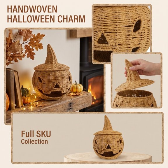 Hand-Woven Rattan Pumpkin Lantern with Witch Hat Lid, Halloween Fall Decor for Indoor Outdoor Use, Natural Light-Diffusing Jack-O’-Lantern Candle Holder
