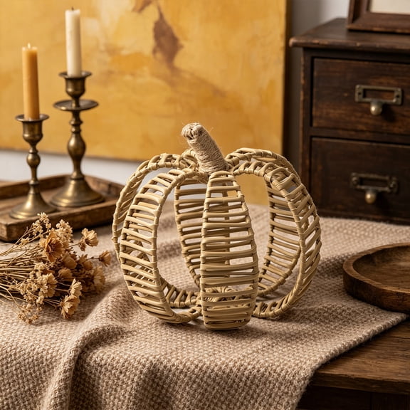 Hand Woven Rattan Pumpkin Ornament 7.9 Inch - Hollow Fall Tabletop Decor for Boho Farmhouse Thanksgiving Halloween Party