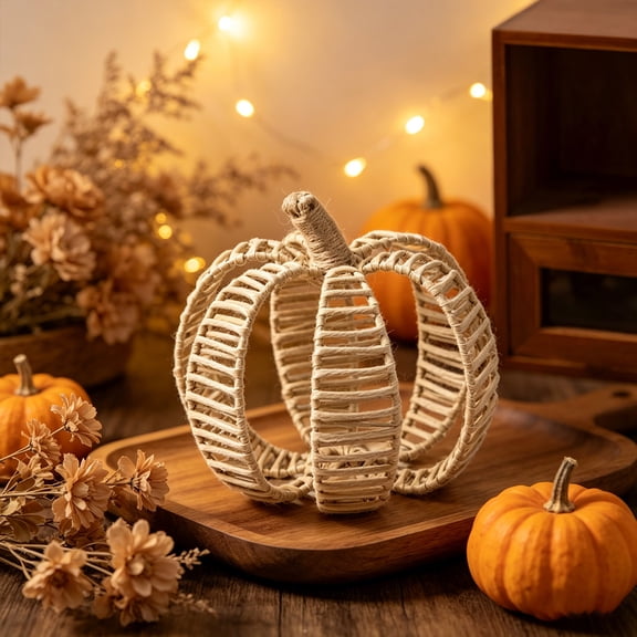 Hand Woven Rattan Pumpkin Ornament, Hollow Fall Tabletop Decor, Party Centerpiece For Autumn Thanksgiving Halloween, 7.8 Inch Lightweight Boho Farmhouse Shelf Mantel Display