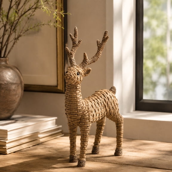 Hand Woven Rattan Reindeer Figurine, 11in Standing Deer Statue for Christmas Winter Tabletop Decor Ornament