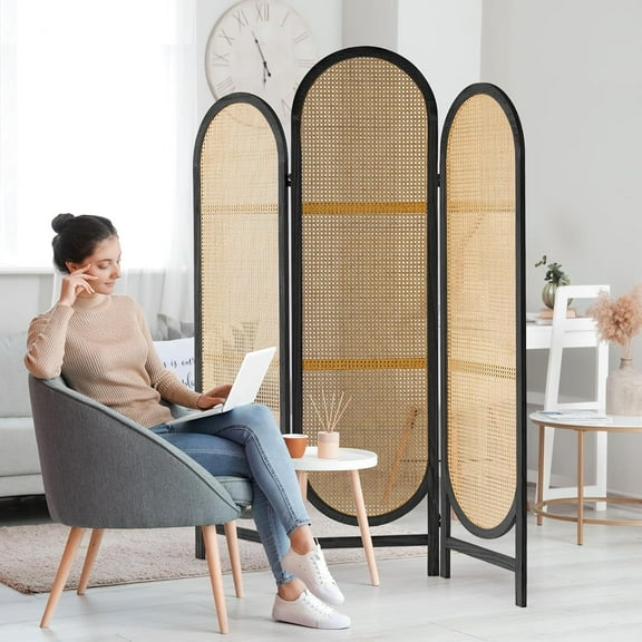 Hand-Woven Rattan Room Divider 3 Panels, 5.9 Ft Tall Wood Room Divider Panel, Partition Screen Divider Wall, Folding Privacy Screen, Wall Divider for Room Separation Home Office - Black