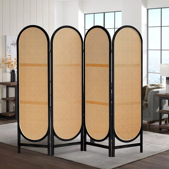Hand-Woven Rattan Room Dividers Panel, 4 Panels Wood Room Divider and Folding Privacy Screens, Room Divider Wall Freestanding Room Partitions Screen for Home Office Bedroom, Black