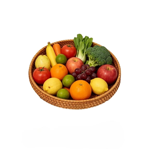 Hand Woven Rattan Serving Basket, Round Rattan Wicker Bread Basket, Ottoman Decorative Coffee Table Tray, Home Decor Organizer Tray for Breakfast Tea Snack Fruit Coffee Storage (Brown_9.45")