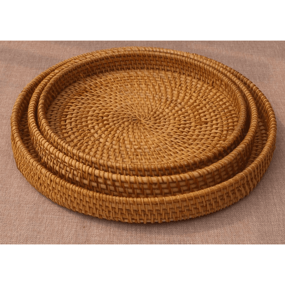 Hand Woven Rattan Serving Basket, Round Rattan Wicker Bread Basket, Ottoman Decorative Coffee Table Tray, Home Decor Organizer Tray for Breakfast Tea Snack Fruit Coffee Storage (Brown)M