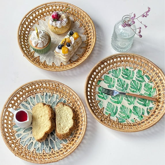 Hand-Woven Rattan Serving Tray, Shell Basket Rattan Round Serving Tray, Coffee Tray Decor for Serving Coffee, Drinks, Bread, Fruit, Vegetables, Snacks