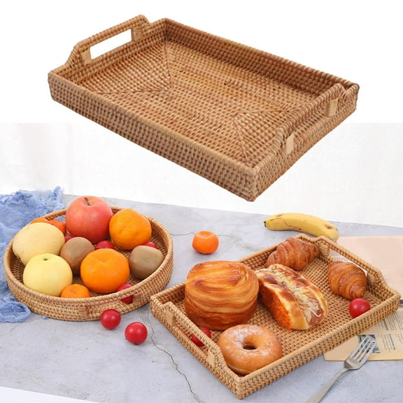 Hand-Woven Rattan Storage Tray Wicker Basket Ornament Dinner Serving Tray for 34x24x7cm