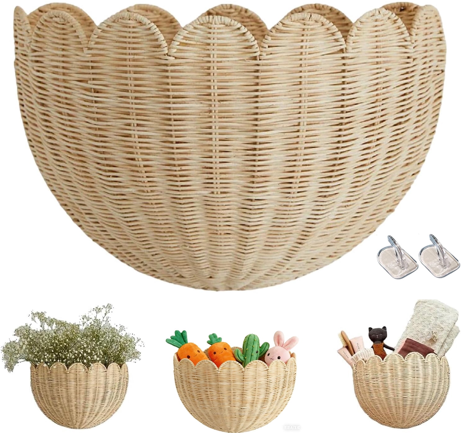Hand Woven Rattan Wall Baskets, Scalloped Wicker Hanging Basket with Metal Frame & Hook, Minimalist Wall Decor for Home, Entryway, Kitchen, Living Room(14"x6"x8", 1Pcs)