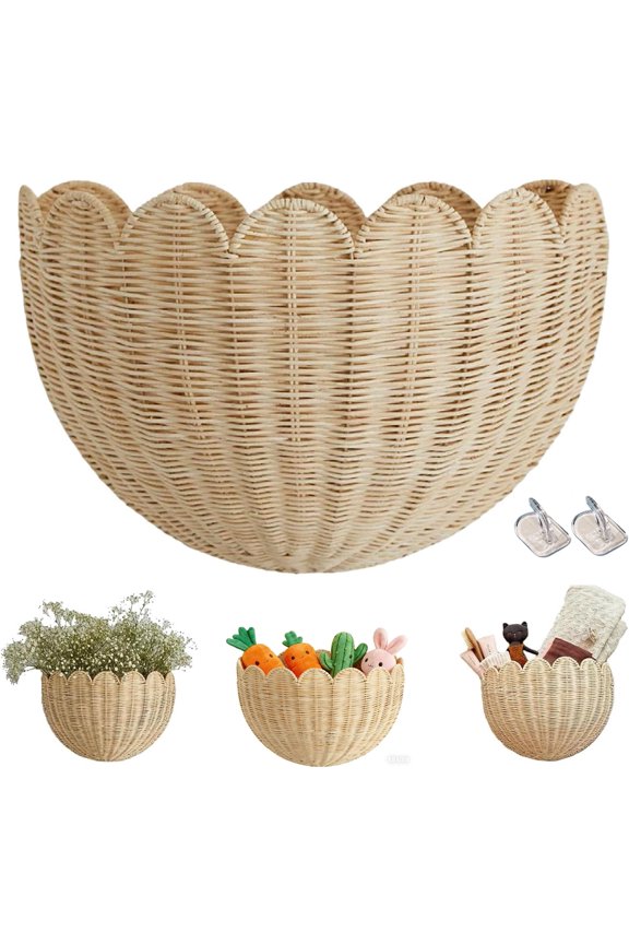 Hand Woven Rattan Wall Baskets, Scalloped Wicker Hanging Basket with Metal Frame & Hook, Minimalist Wall Decor for Home, Entryway, Kitchen, Living Room(14"x6"x8", 1Pcs)