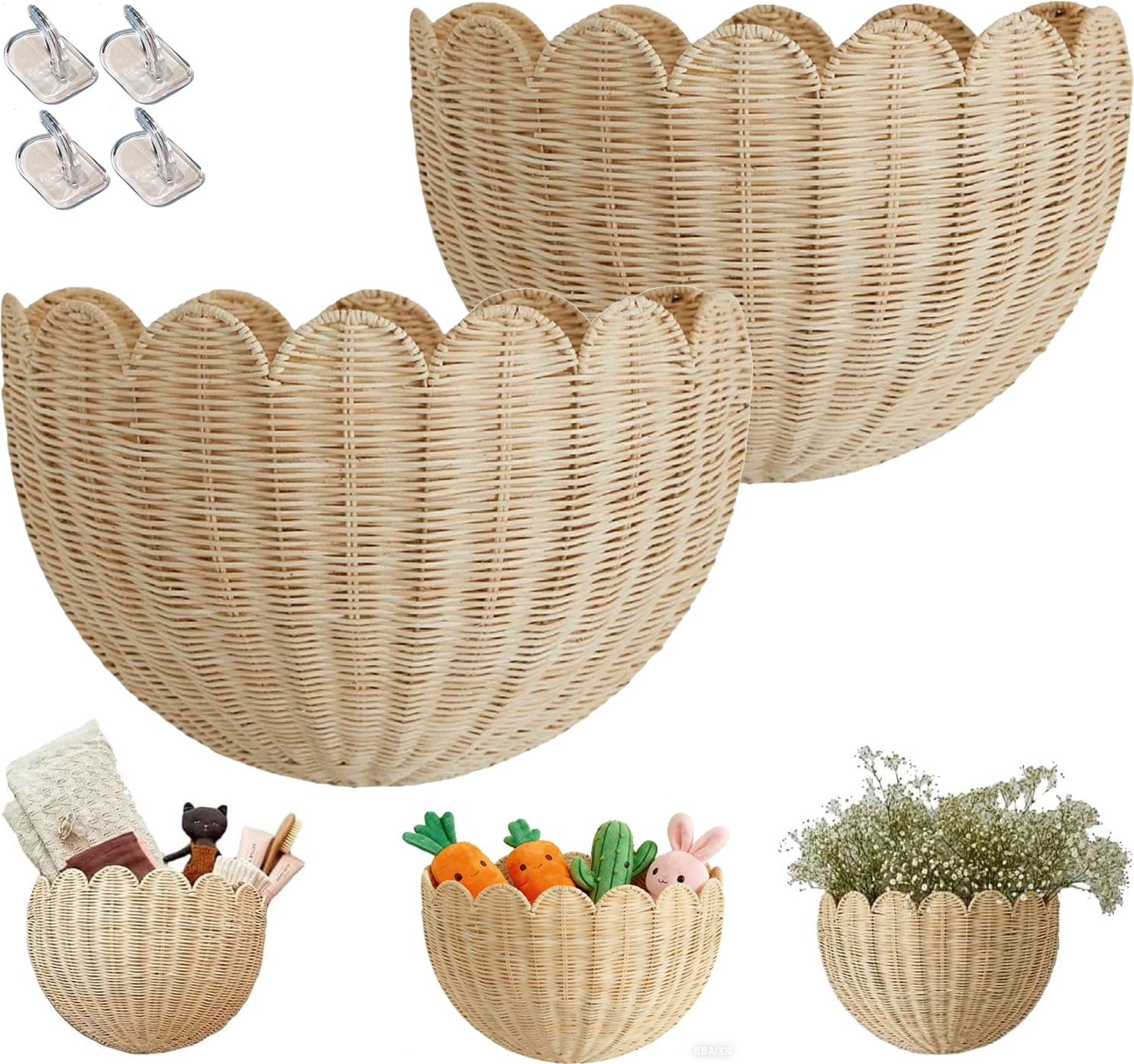Hand Woven Rattan Wall Baskets, Scalloped Wicker Hanging Basket with Metal Frame & Hook, Minimalist Wall Decor for Home, Entryway, Kitchen, Living Room(14"x6"x8", 2Pcs)