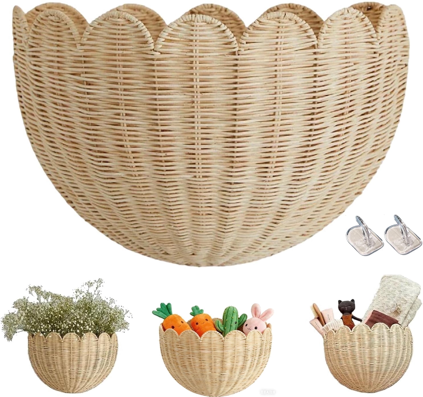 Hand Woven Rattan Wall Baskets, Scalloped Wicker Hanging Basket with Metal Frame & Hook, Bohemian Wall Decor for Home, Entryway, Kitchen, Living Room(16"x7"x10", 1Pcs)
