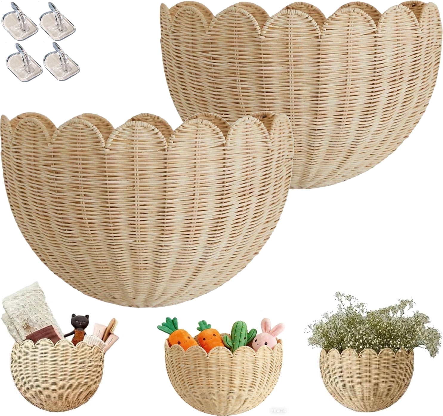 Hand Woven Rattan Wall Baskets, Scalloped Wicker Hanging Basket with Metal Frame & Hook, Minimalist Wall Decor for Home, Entryway, Kitchen, Living Room(16"x7"x10", 2Pcs)