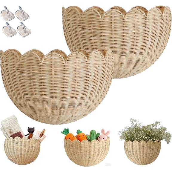 Hand Woven Rattan Wall Baskets, Scalloped Wicker Hanging Basket with Metal Frame & Hook, Minimalist Wall Decor for Home, Entryway, Kitchen, Living Room(16"x7"x10", 2Pcs)