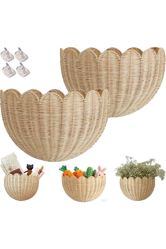 Hand Woven Rattan Wall Baskets, Scalloped Wicker Hanging Basket with Metal Frame & Hook, Minimalist Wall Decor for Home, Entryway, Kitchen, Living Room(16"x7"x10", 2Pcs)