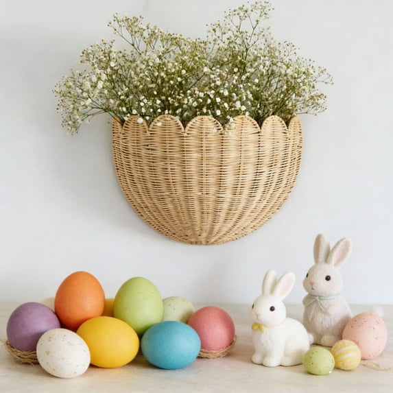 Hand Woven Rattan Wall Baskets, Scalloped Wicker Hanging Basket with Metal Frame & Hook,Spring Decor,Minimalist Wall Decor for Home, Entryway, Kitchen, Living Room