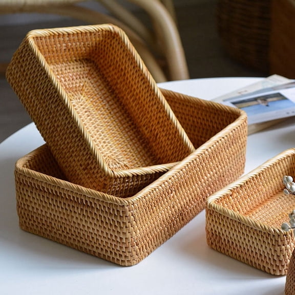 Hand-Woven Rattan Wicker Basket Fruit Tea Snack Bread Basket Cosmetic Rectangular Storage Box Household Kitchen Supplies M
