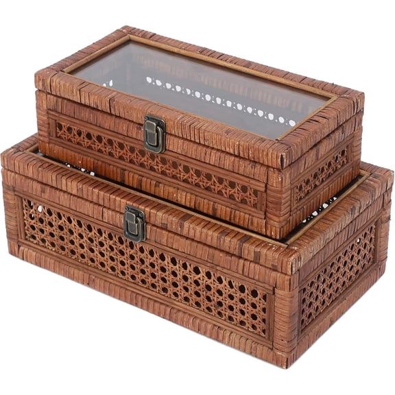 Hand-Woven Rattan and Cane Stacking Boxes with Glass Top Lid, Set of 2 (11.8" & 14.1"), Brown Decorative Storage for Boho and Rustic Farmhouse Decor