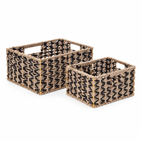 Hand Woven Rectangle Wicker Baskets, Set of 2, Water Hyacinth, Black and Natural, Nesting Storage Bins with Handles