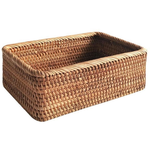 Hand-Woven Rectangular Rattan Wicker Basket Fruit Tea Bread Picnic Cosmetic Storage Box Kitchen Household Tools-L