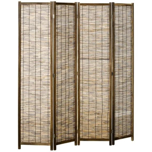 Hand Woven Room Divider, 4 Panel Folding Privacy Screen, Indoor Reed Partition Wall, Brown