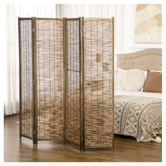 Hand Woven Room Divider, 4 Panel Folding Screen, Reed Partition, 63"x67", Brown