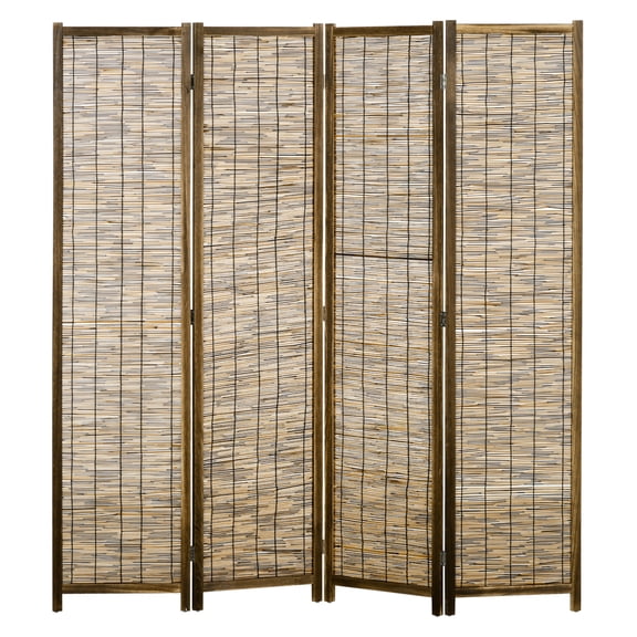 Hand Woven Room Divider, 4 Panel Folding Screen, Reed Partition, 63"x67", Brown