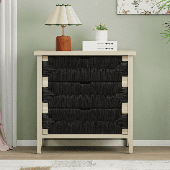 Hand-Woven Rope 3-Drawer Buffet Sideboard with Adjustable Shelves – Versatile Storage Cabinet for Living Room, Kitchen, Entryway